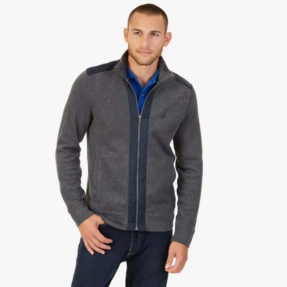 New! NAUTICA Mixed Media Men's Gray Sweater Jacket Full-Zip 100% Cotton XXL 2XL